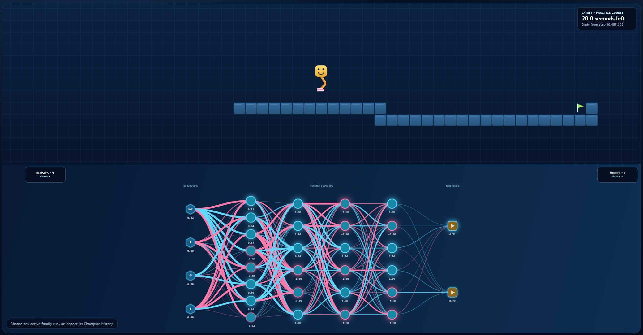 Learnin' Man training viewer showing a two-motor body attempting a practice course above live sensor, dense-layer, and motor activity