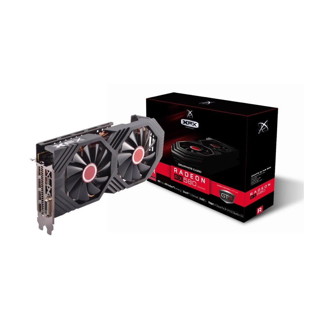 XFX RX 580 GTS XXX Edition graphics card beside its retail box